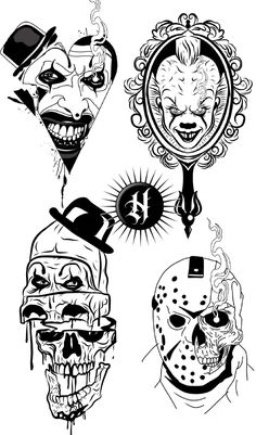 four different types of tattoos that are drawn in black and white, each with an evil face