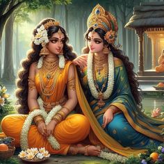 two women sitting on the ground with flowers in their hair and garlands around them