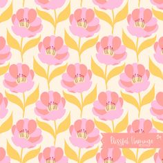 a pink flower pattern with yellow leaves on a white background, suitable for wallpaper or fabric