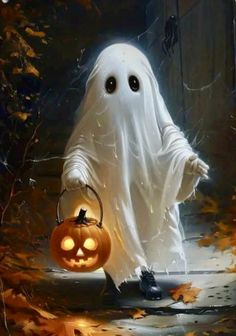 a ghost holding a pumpkin in its hand