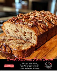 a close up of a loaf of bread on a cutting board with pecan bread