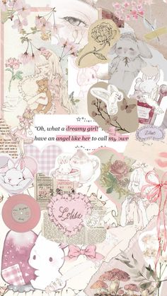 a collage of pink and white images with words on the bottom, including an image of