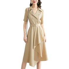 Color/Pattern: Khaki Approximately 42.5in From Shoulder To Hem Hand Wash Imported Belted A-line Midi Dress For The Office, Spring A-line Belted Dress, Semi-formal A-line Spring Dress, Semi-formal Spring A-line Dress, Spring Semi-formal A-line Dress, Elegant Beige A-line Shirt Dress, Office Beige V-neck Midi Dress, Spring Short Sleeve Fitted Belted Dress, Beige V-neck Midi Dress For Office