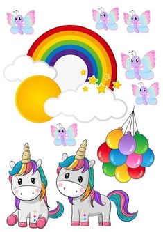 two unicorns with balloons and butterflies flying in the sky near a rainbow on a white background