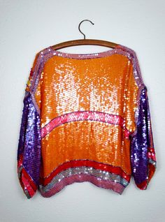 80s Bright Orange Sequin Top // Color Block Dolman Sleeve Handbeaded Sequined Blouse - Etsy Fall Multicolor Embellished Tops, Multicolor Sequin Tops For Fall, Purple Bohemian Top For Party, Purple Bohemian Party Tops, Pink Sequined Festival Tops, Pink Sequined Tops For Festival, Spring Multicolor Sequined Blouse, Festival Multicolor Sequined Tops, Festival Long Sleeve Sequin Tops