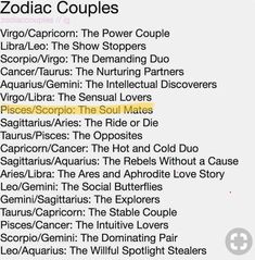 the zodiac couples poster with their names in yellow and black on white, as well as an image of two men standing next to each other