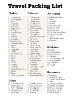 the travel packing list is shown in black and white, with text that reads travel packing list