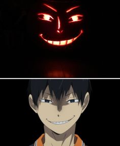 two pictures with the same face and one has an evil smile on it's face