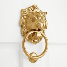 a gold lion head door knocket with a ring on it's front door