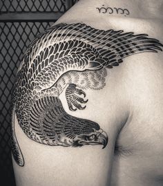 the back of a man's shoulder with an eagle tattoo on it