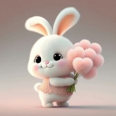 a cute little bunny holding some pink flowers