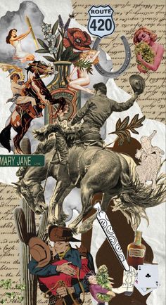 the collage is made up of many different images and words, including an image of a man riding a horse