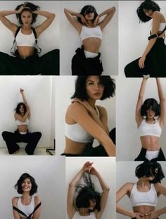 many pictures of a woman in white top and black pants with her hands behind her head