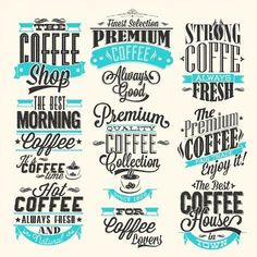 coffee shop signs and typograms on white background with blue ribbon, hand drawn lettering