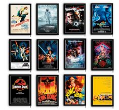 twelve movie posters are displayed in black frames