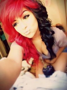 Black and red hair. So cute!!!! Hair With Feather Extensions, How To Dye Hair, Half And Half Hair, Feather Extensions, Scene Girl, Diesel Punk, Dye Hair, Hair Color Highlights, Scene Hair