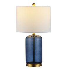 a blue table lamp with a white shade on the top and gold trim around the base