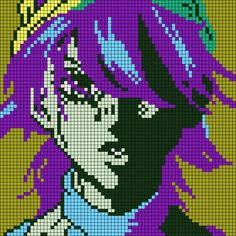 a cross stitch portrait of a woman with purple hair