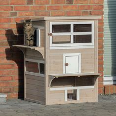 a cat sitting on top of a wooden house