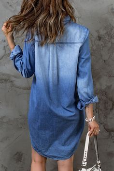 Sky Blue Flap Pockets Snap Button Denim Mini Dress Blue Denim Dress, Long Sleeve Denim Jacket, Denim Clothing, Denim Shirt Dress, Chambray Dress, Denim Mini Dress, Denim Jackets, Button Design, Denim Mini