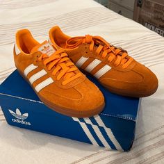 Adidas Sambas Sambas Colorful, Adidas Orange Leather Sneakers, Sambas Colors, Classic Orange Sneakers With Rubber Sole, Adidas Samba Orange, Orange Sambas, Orange Samba, Adidas Platform Sneakers, Leopard Print Adidas