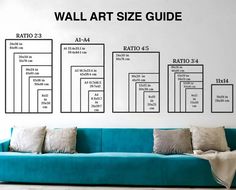 the wall art size guide is displayed in front of a couch with pillows on it