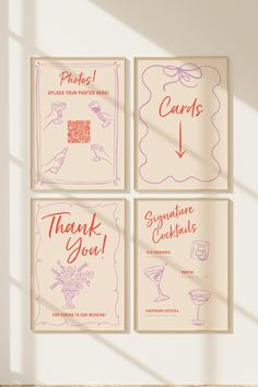 four cards with the words thank you written in red and pink ink on beige paper