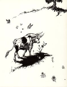 a black and white drawing of a cow in the grass with butterflies flying around it