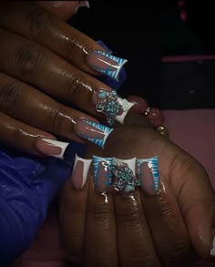 Blue White Nails, White Gel Polish, Long Acrylic Nail Designs, Blue Acrylic Nails, Girly Acrylic, Colored Acrylic Nails, Colored Acrylic