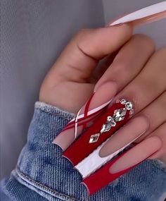 Long Nail Designs For Christmas, New Years Eve Nails Ideas Square, Red Rhinestone Christmas Nails, Nail Art Designs For Wedding, Nail Decoration Ideas, Manicure Christmas, Christmas Nails Designs, Acrylic Nail Designs Coffin, Creative Nail Art