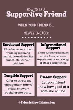 The title of the pin: How to Be A Supportive Friend When Your Friend Is Newly Engaged. 4 pink boxes with the following: 1. Emotional Support: Allow her to vent about wedding planning, marriage anxieties, her fiancé, etc. without criticism. 2. Informational Support: Share wedding planning advice from personal experiences or knowledge of other’s experiences. 3:Tangible Support: Offer to throw an engagement party. 4. Esteem Support:Let your friend know how good of a wife she will be. Support Your Friends, Newly Engaged