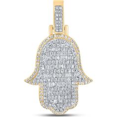 GND 10K Yellow Gold Hamsa Charm Pendant with Channel-Set Baguette and Round Diamonds - 7/8 Total Carat Weight Hamsa Charm, Gold Hamsa, Jewelry Appraisal, Diamond Education, Ring Pendant Necklace, Womens Wedding Bands, Jewelry Repair, Custom Jewelry Design, Baguette Diamond