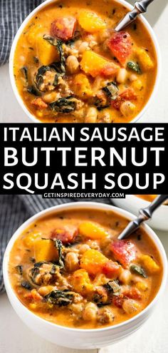 two bowls of italian sausage butternut squash soup with spinach and tomatoes in them