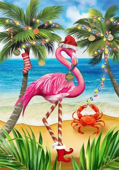 a pink flamingo standing on top of a beach next to palm trees and a crab