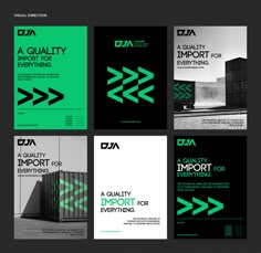 four different brochures with green and black designs