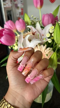 #nails #summernails Flower Charm Nail Designs, 2000s Hibiscus Nails, Pink Nail Charm Designs, Long Acrylic Nails 3d Flower Pink, Pink Flower Charm Nails, Fun Summer Nails, Bling Acrylic Nails, Floral Nails, Aesthetic Makeup