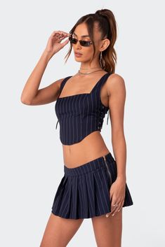 PRODUCT INFO Corset Square neckline Side lace up detail Triangle shaped hem Matching set Polyester, Rayon, Spandex Model wears size S Model height is 5'9 Item care: Wash with similar color Fitted Striped Cropped Top, Striped Fitted Cropped Top, Striped Fitted Crop Top For Summer, Summer Striped Fitted Crop Top, Fitted Striped Cotton Crop Top, Fitted Pinstripe Tops For Summer, Fitted Pinstripe Summer Tops, Lace Up Corset, Perfect Swimsuit