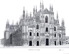 a drawing of a cathedral with many spires on it's sides and windows