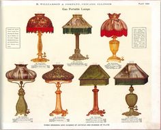 an antique lamp catalog showing different lamps and lampshades, from the early 1900's