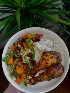 a white bowl filled with rice, meat and veggies next to a potted plant