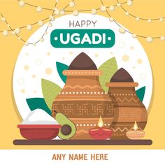 happy ugadi greeting card with pots and guacamole