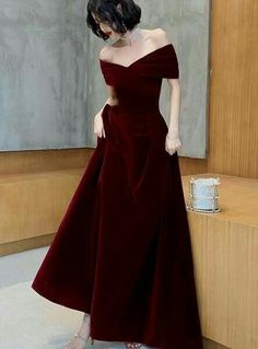 Off Shoulder Bridesmaid, Dark Red Velvet, Gaun Koktail, Off Shoulder Bridesmaid Dress, Formal Prom Dresses Long, Velvet Party Dress, 파티 드레스, Color Rush