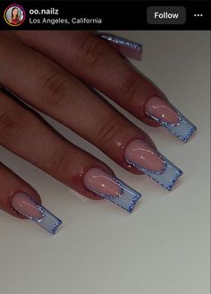 Simple Cute Blue Nails, Square Shape Nail Ideas, Blue French Tip Nails With Glitter, Birthday Nail Ideas Acrylic Medium, Bridesmaid Nails Blue, Rod Wave Nails, Y2k Winter Nails, Blue Nail Designs Almond, Red Cute Nails