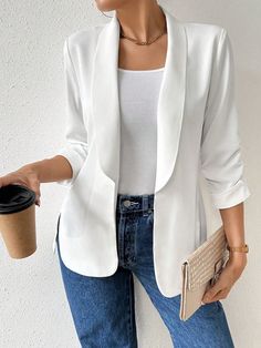 Plus Size Women Elegant Vacation Office Minimalist Fashion White Wedding Concert Teacher Work Blazer Jacket With Ruched 3/4 Sleeve White Casual  Three Quarter Length Sleeve Woven Fabric Plain Regular Non-Stretch  Women Plus Clothing, size features are:Bust: ,Length: ,Sleeve Length: Wedding Concert, Teacher Work, Office Minimalist, Work Blazer, Plus Size Blazer, Elegant Attire, Fashion White, Casual Blazer, White Jacket