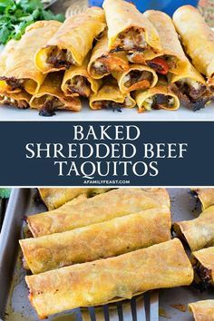 baked shredded beef taquitos on a plate with a fork