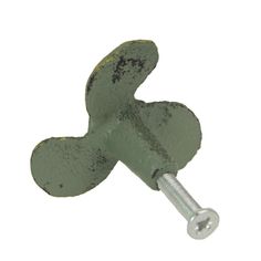 an old green metal object with two screws on the end and one bolt in the middle