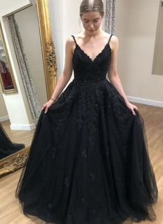 Black Lace Formal Dress, Black Lace Prom Dress, Lace Prom Dresses, Prom Dresses Black, Spaghetti Strap Prom Dress, Lace Formal Dress, Long Sleeve Gown, A Line Prom Dresses, Black Evening Dresses