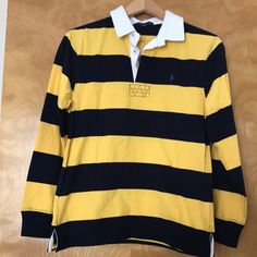 Boys T-Shirt 100% Cotton Long Sleeves Navy Blue Yellow Striped Size L New With Tags Yellow Long Sleeve Cotton Polo Shirt, Yellow Cotton Long Sleeve Tops, Yellow Long Sleeve Cotton Top, Ralph Lauren Rugby Shirt, Polo Ralph Lauren Hoodie, Polo Tee Shirts, Ralph Lauren Boys, Ralph Lauren Denim, Ralph Lauren Polo Shirts