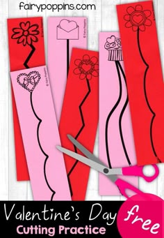 valentine's day cutting practice for kids to make paper flowers and hearts with scissors