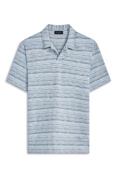 A varied-stripe knit brings versatile patterning to this handsome cotton polo styled with a casually laid-back open V-neck. Johnny collar Short sleeves 100% cotton Machine wash, dry flat Imported Summer Collared Polo Shirt With Horizontal Stripes, Striped Cotton Polo Shirt For Spring, Spring Striped Cotton Polo Shirt, Casual Polo Shirt With Horizontal Stripes, Cotton Summer Polo Shirt With Horizontal Stripes, Spring Cotton Polo Shirt With Contrast Stripes, Casual Summer Polo Shirt With Horizontal Stripes, Casual Polo Collar Top With Horizontal Stripes, Casual Horizontal Stripe Polo Collar Top